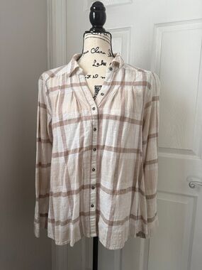 Free People Lightweight Cream and Taupe Plaid Button-Front Shirt